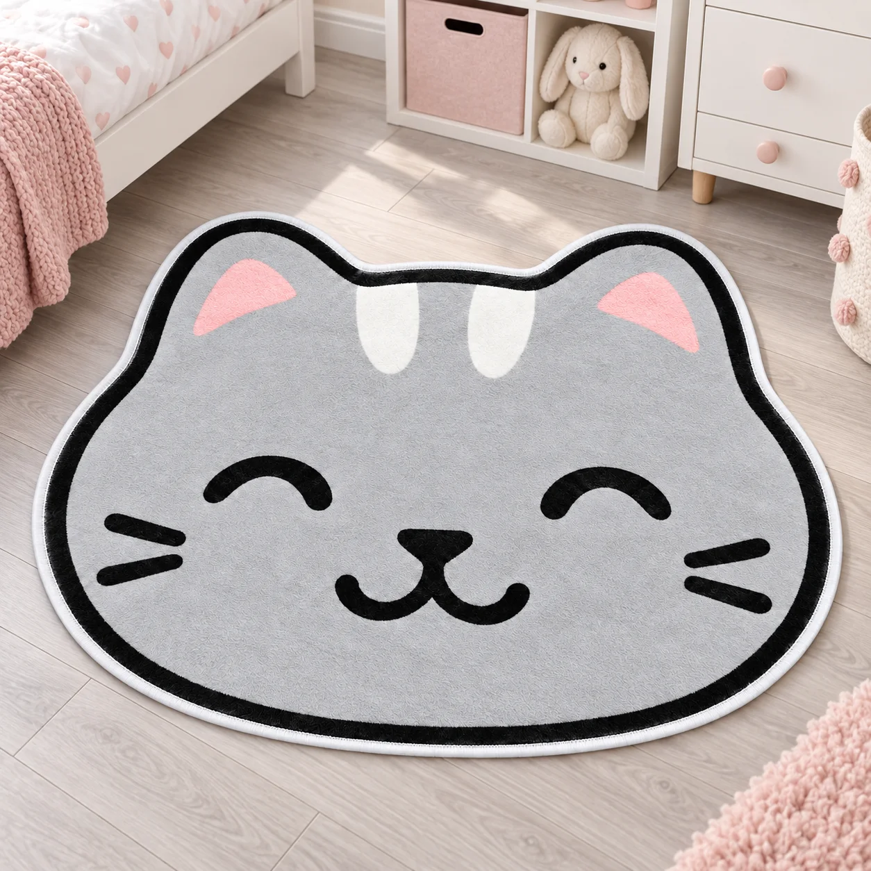 Cute Gray Cat Face Shaped Area Rug, Soft Flannel Floor Mat for Bedroom Kitchen Living Room and Cozy Pet Lover Home Decor Gift