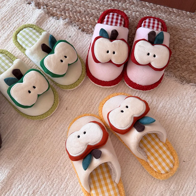 

Autumn and winter fashion soft female casual cartoon cute apple pattern comfortable home plush slippers warm non-slip shoes