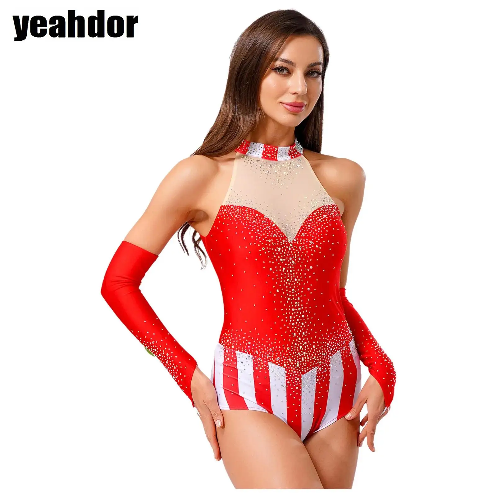 

Womens Circus Ringmaster Cosplay Bodysuit Glittery Rhinestone Sleeveless Leotard with Fingerless Gloves Set Gymnastic Costume