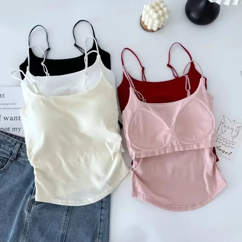 

Nice Summer Dopamine Color Sexy Camisole For Women With Pleated Waist And All-in-one Beautiful Back With Breast Pads For Women