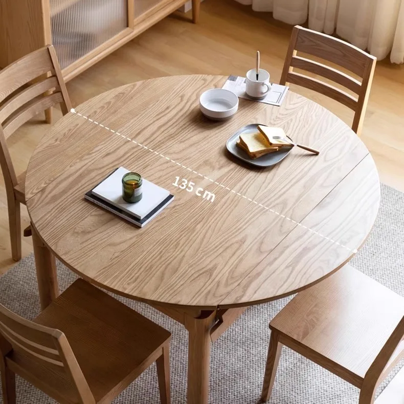 Solid wood household slate oak round table Small apartment dining table Simple, modern and retractable