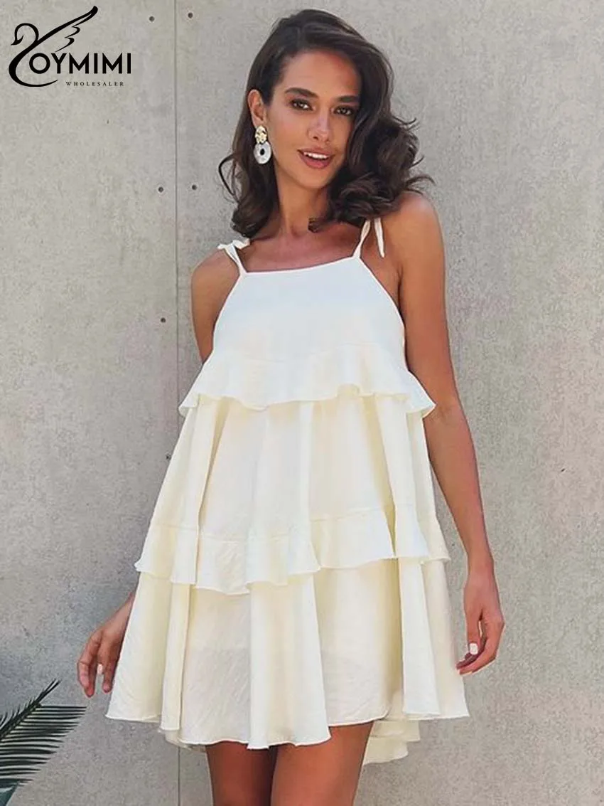 

Oymimi Fashion White Loose Dress Women Casual Open Back Spaghetti Strap Dresses Elegant Cascading Ruffle Mini Dresses Streetwear