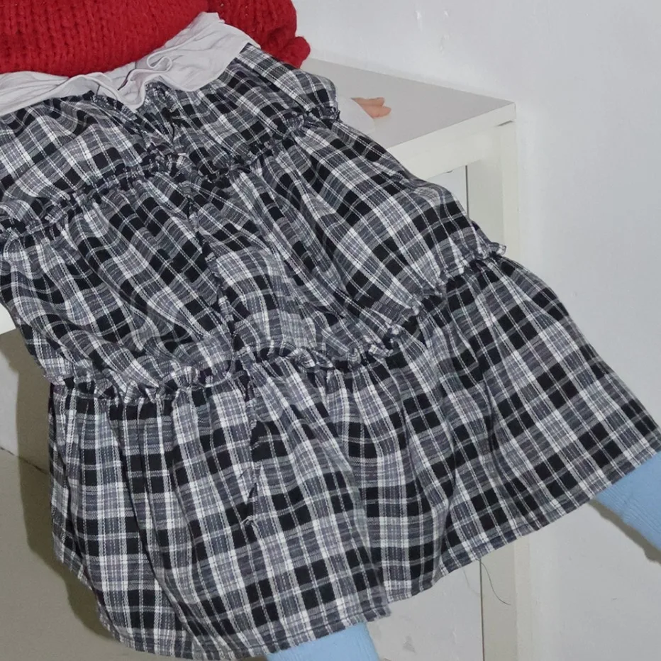 Lente 2025, Dongdaemun retro geruite geplooide ruches f rok lange Dr Koreaanse Sle A-lijn katoen polyester gebreide rok