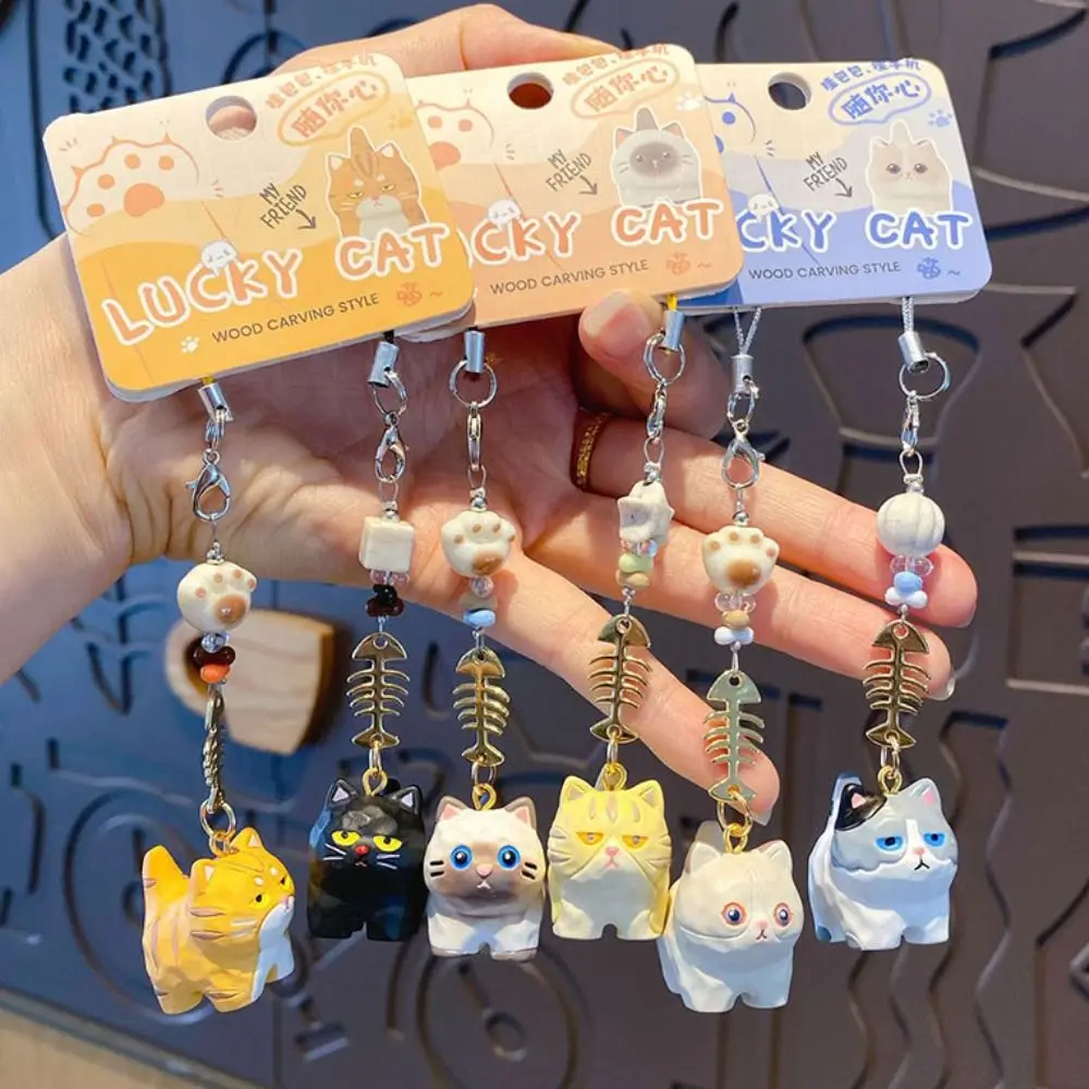 2Pcs Cartoon Paw Beads Cat Fishbone Keychain Bag Hanging Ornaments Resin Cat Pendant Cute Phone Lanyard Bag Decor