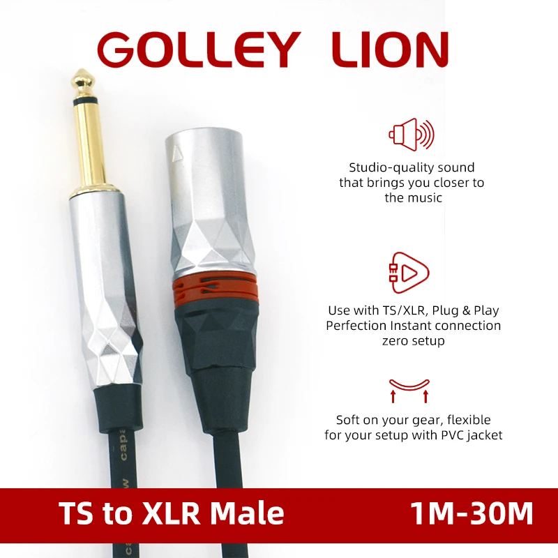 Unbalanced Quarter inch TS Mono to XLR Male Cable, Gold Plated 6.35mm to 3-pin XLR Microphone Cable Interconnect Cable