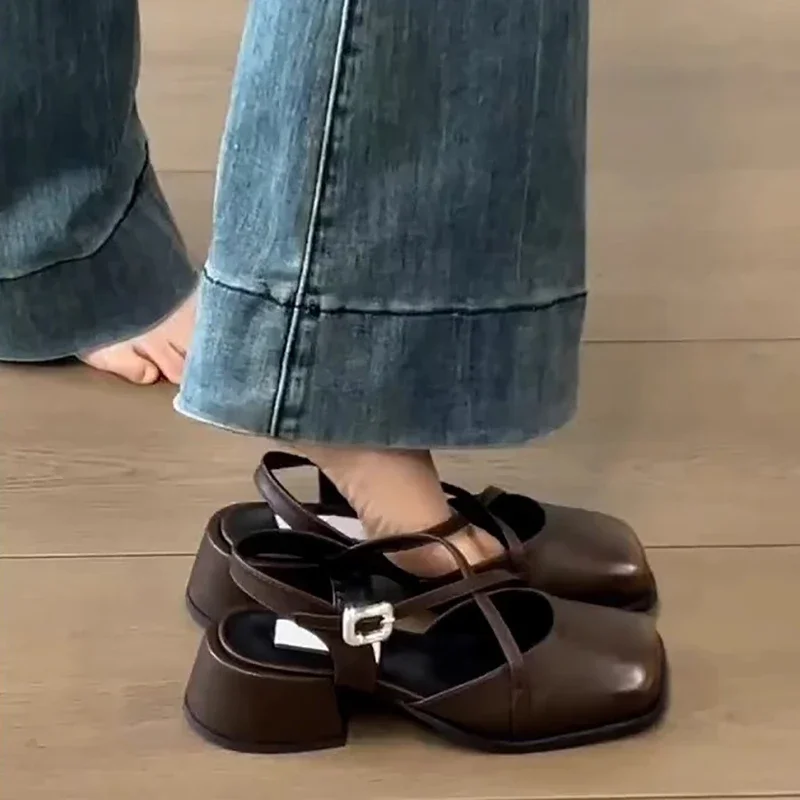 

Designer Cover Toe Women Mary Jane Shoes Fashion Cross Buckle Singbacks Shoes 2025 Spring Female Thick Heel Shoes