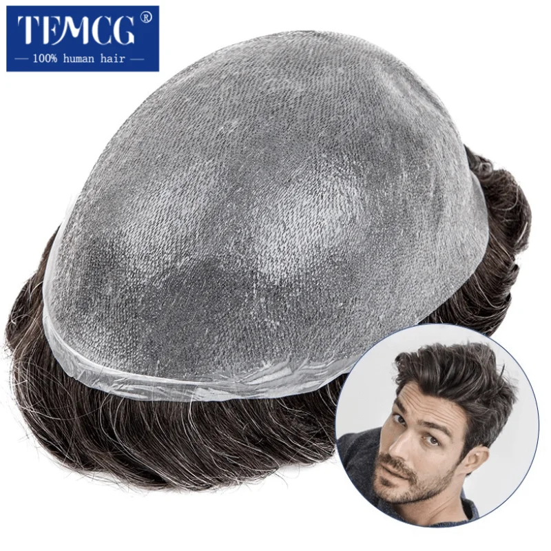 Toupee de cabelo humano natural para homens, sistema de substituição, peruca masculina, prótese capilar, remy, pele ultra fina, 0,03mm