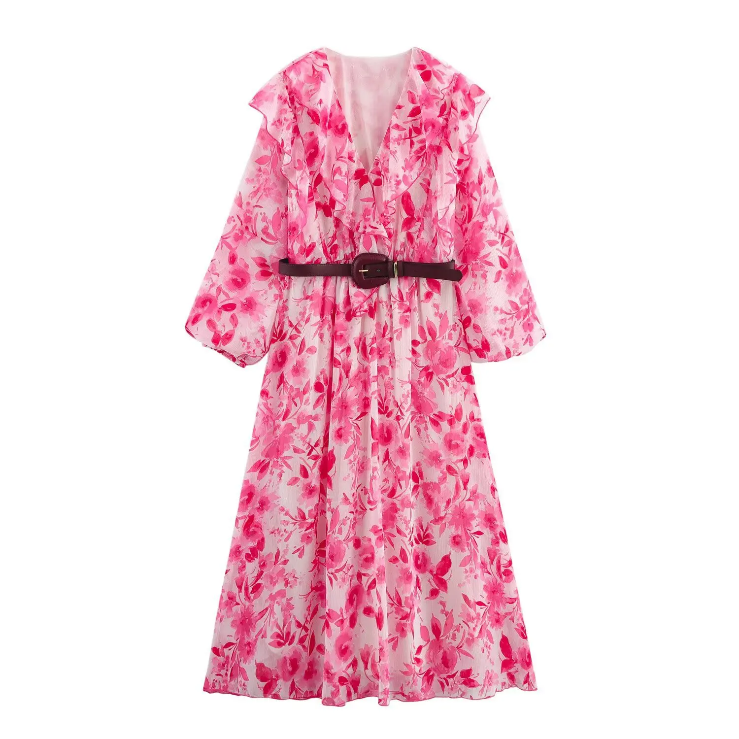 

European and American style 2025 spring new women's fashion simple belt printed dress