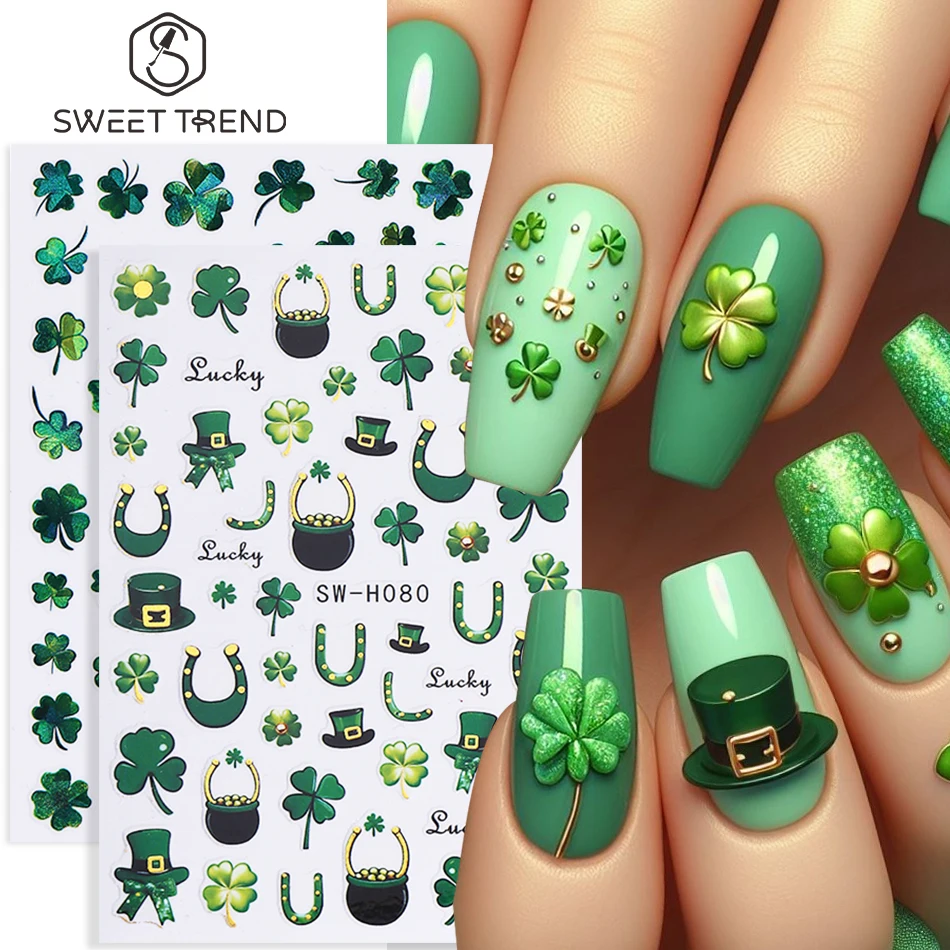 2pcs Green Four Leaf Clovers Nail Art Stickers St. Patrick’s Day Designs Self Adhesive Sliders DIY Manicure Decoration Decals