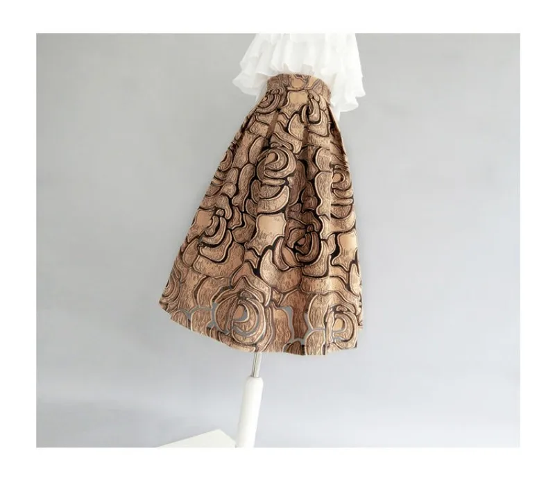 Khaki Geometrische Vintage Hohe Taille Ballkleid A-linie Lose frauen Rock Knielangen Lange Röcke Für Frauen Kleidung Mode – Detail 5