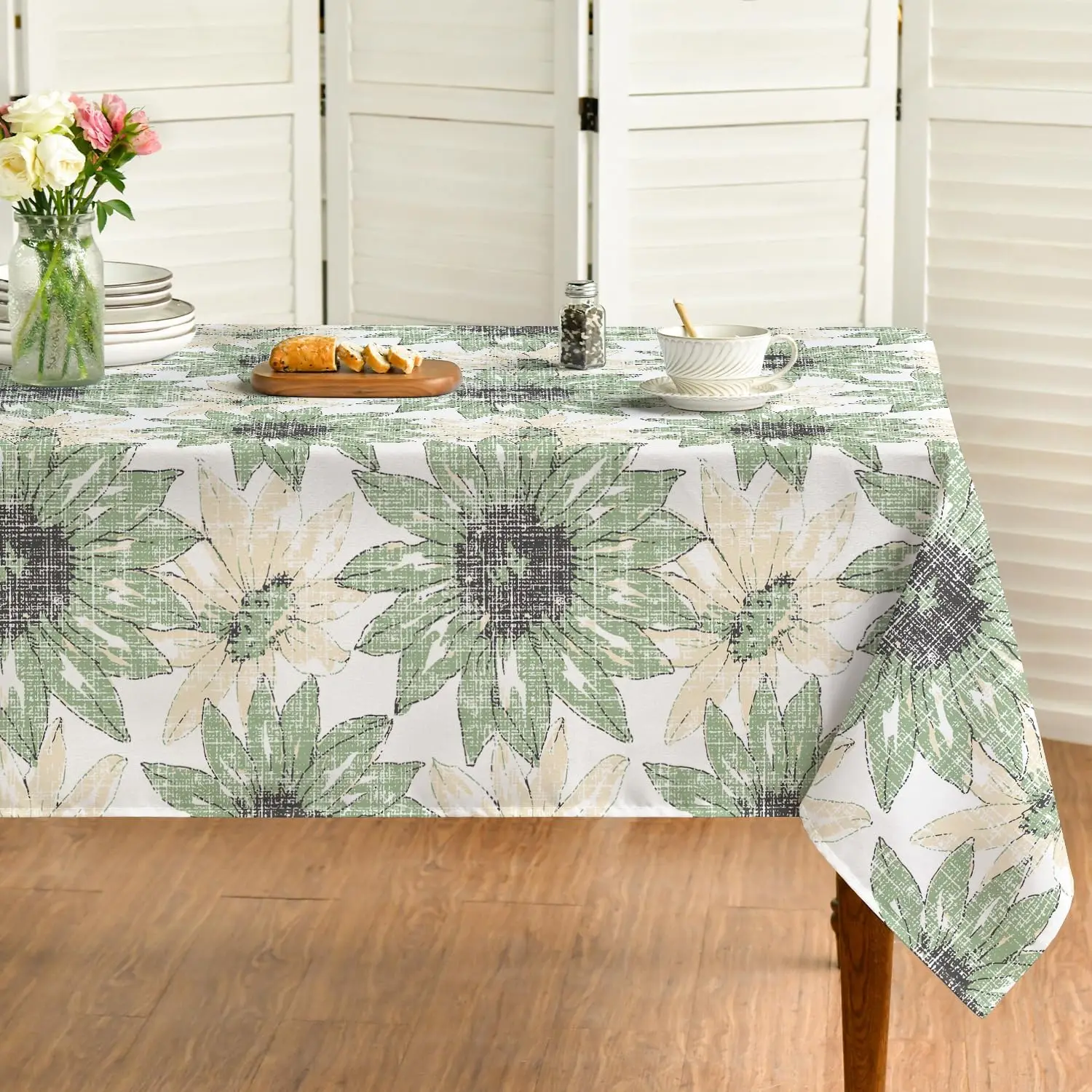 Daisy Green Rectangle Tablecloth Dining Room Decor Waterproof Tablecloth for Table Holiday Party Decorations Party Supplies