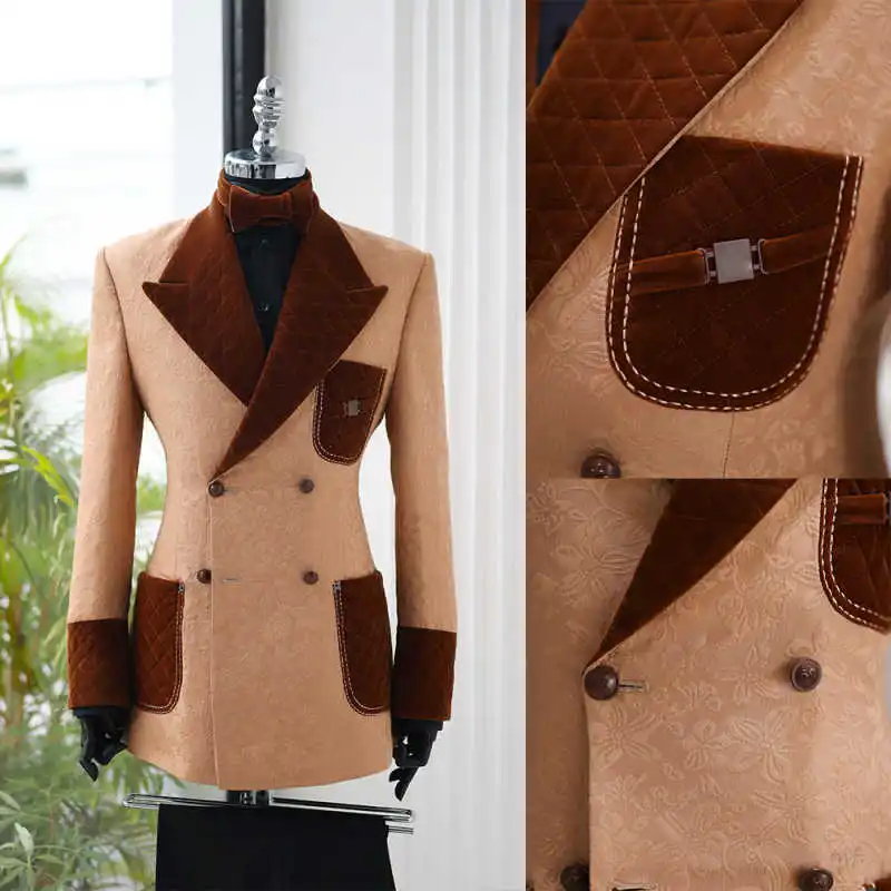 

Stylish Men's Jacquard Suits Double Breasted Peaked Lapel Pant Sets Formal Tuxedos For Wedding Party Customized 2 Piece