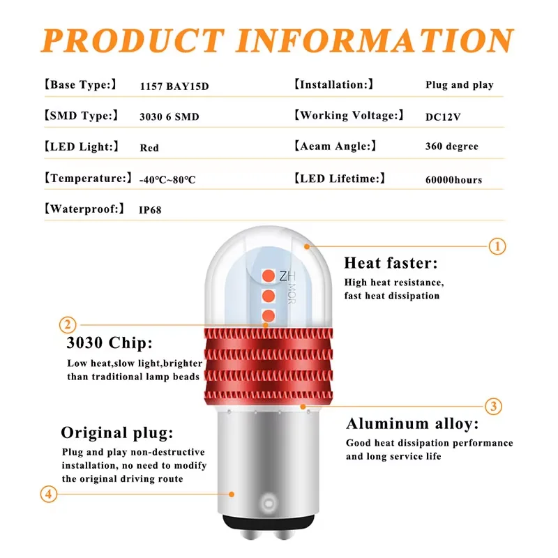 2Pcs 1157 Led Motorcycle Taillights Flashing Signal Light Ba15D P21/5W Brake Light 1157 Car Reversing Lamp Strobe Stop Light Red