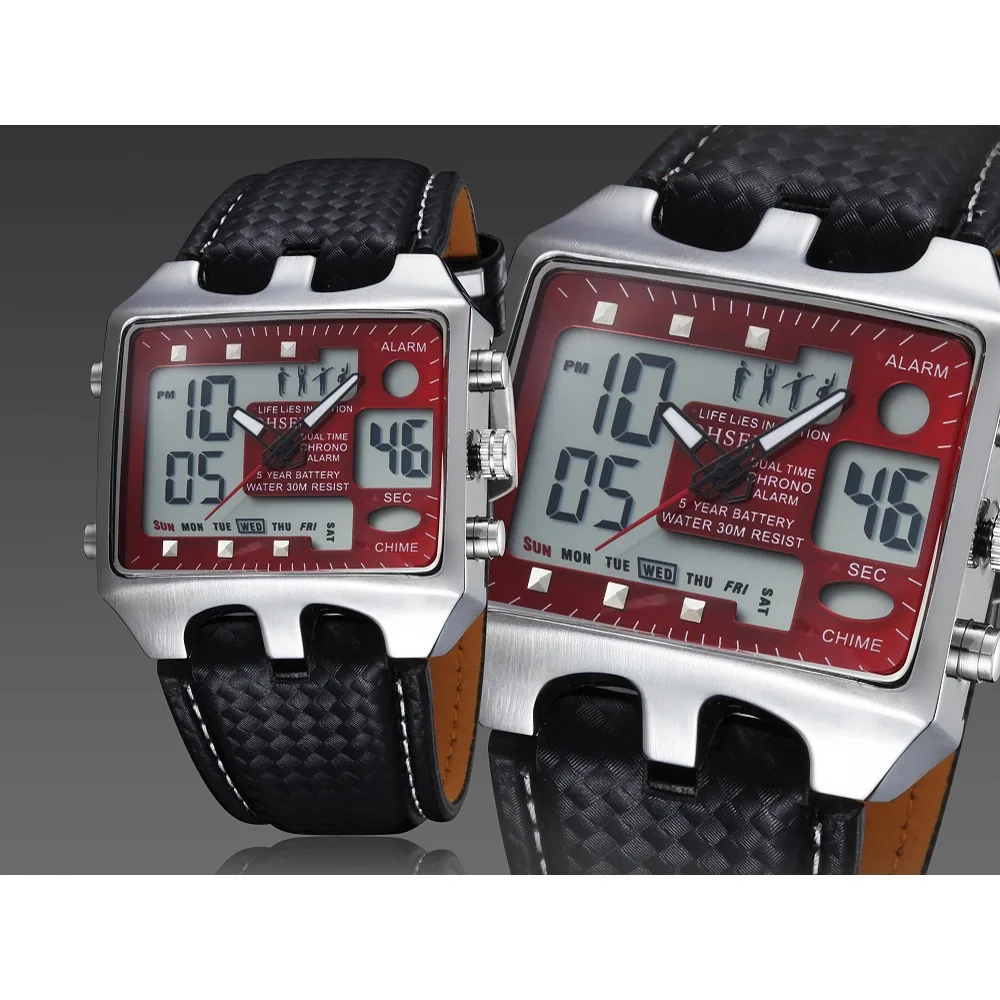 

Outdoor Sport Watch Men's Multifunction 3 Bar Waterproof Red Military Digital Wristwatches Leather Strap Clock Relogio Masculino