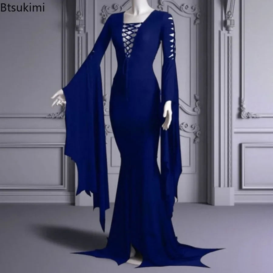 2024 donne Morticia Addams Cosplay vestito da pavimento Costume adulto donne Punk gotico strega Vintage Sexy Lace Up Slim Gown Halloween