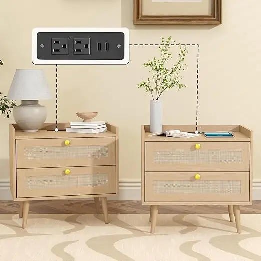 

Rattan Nightstands with Charging Station, Set o 2, Boho Bede Table with 2AC Outlets and 2USB Ports, ern End Tables with 2 Ders o