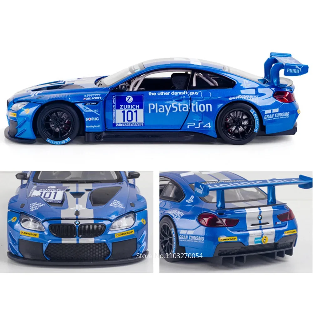 1/24 BMW M6 GT3 Toys Car Model Alloy Diecast Sports Cars Metal Body Rubber Tires 3 Doors Opened Sound Vehicle Toy Gifts for Kids