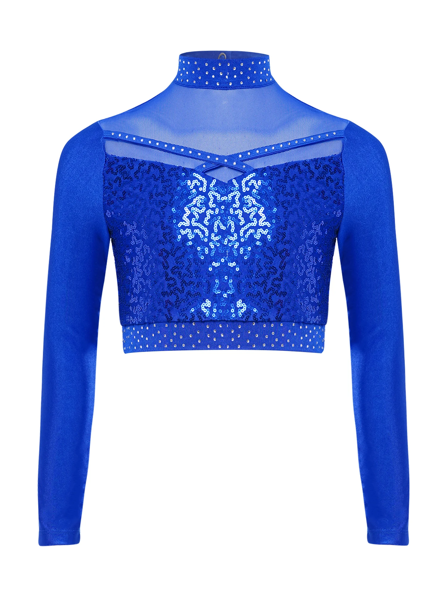 Zestawy do tańca jazzowego dla dziewczynek, strój sportowy, kostium sceniczny, golf, długi rękaw, błyszczący cekinowy crop top z siateczkowymi spodniami