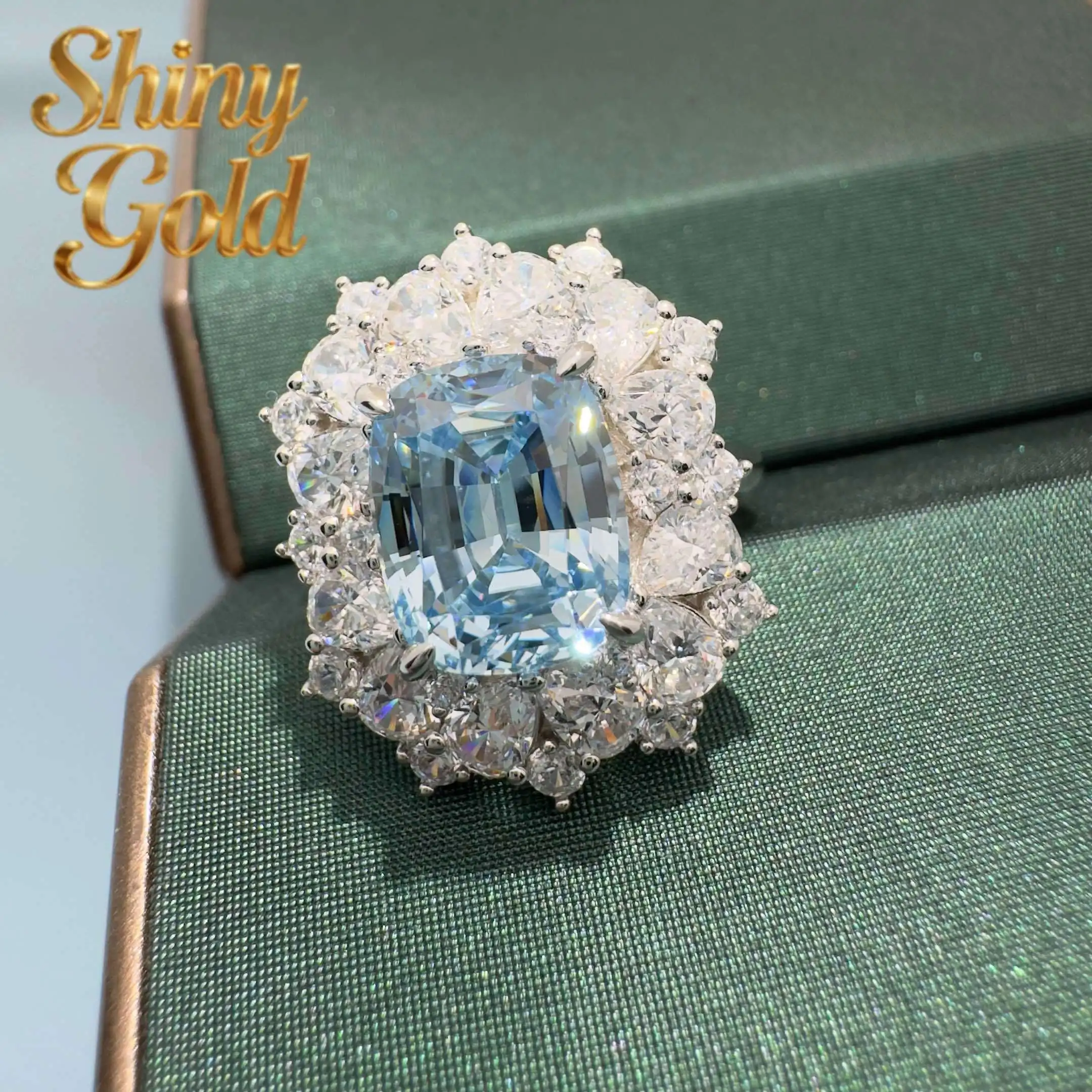 

Женское кольцо ShinyGold с искусственным флюоритом 4 карата, имитирующим синий морской камень, из стерлингового серебра 925 пробы, ювелирное изделие, обручальное кольцо, камень на день рождения, 243r