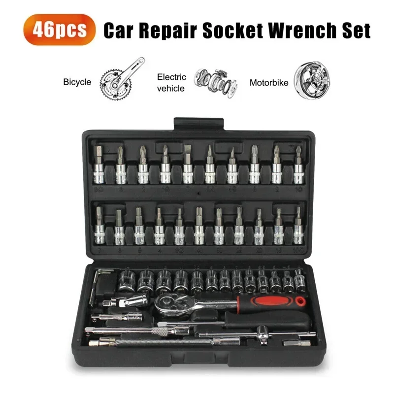 

46Pcs Car Repair Tool Kit 1/4-Inch Socket Set Car Repair Tool Ratchet Torque Wrench Combo Auto Repairing Set Mechanic Tool