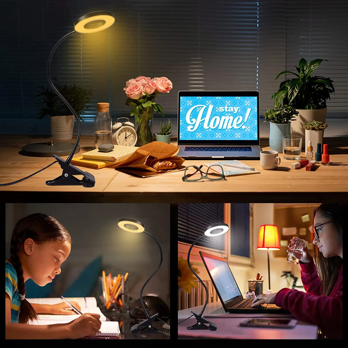 LED 책상 램프 클립 라이트 조광 가능 구즈넥 독서등 사무실 램프 식물 성장등 휴대용 테이블 조명【블랙/화이트】