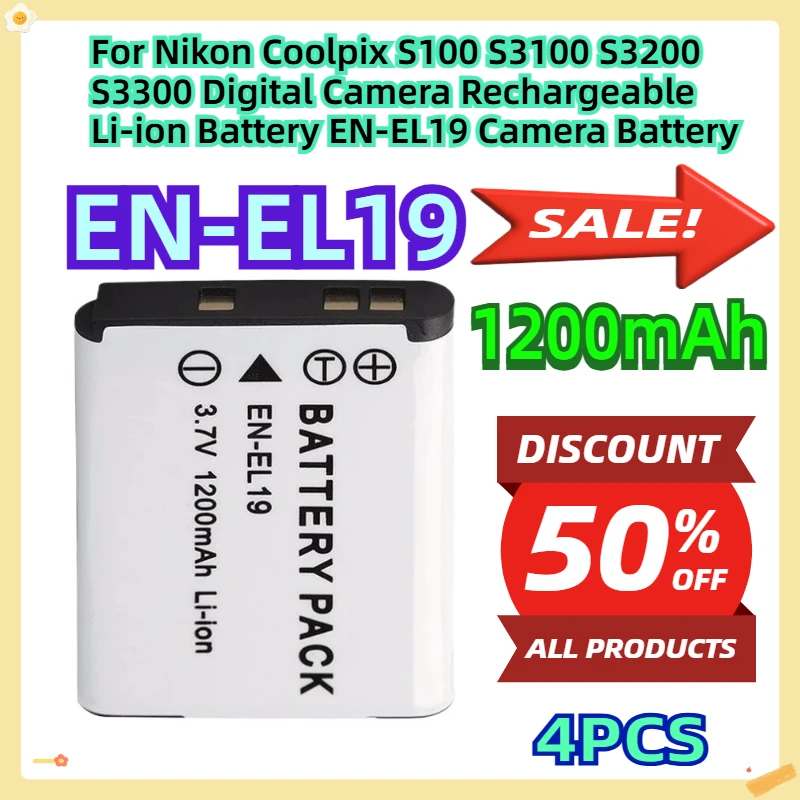 

For Nikon Coolpix S100 S3100 S3200 S3300 Digital Camera Rechargeable Li-ion Battery EN-EL19 Camera Battery 3.7V 1200mAh 4pcs
