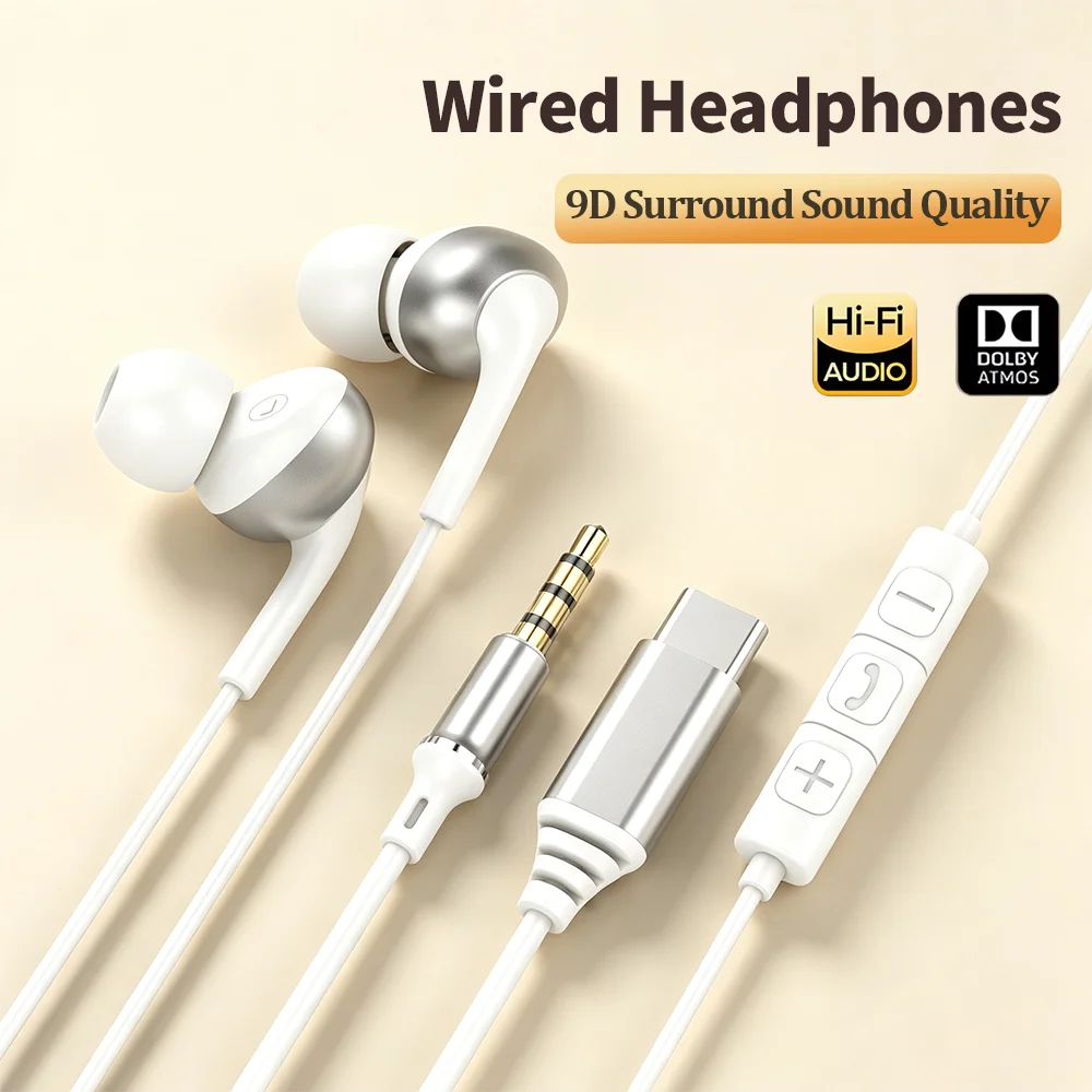 USB Type C Wired Headphones HiFi Bass Stereo in Ear Earbuds With HD Mic Wire Control Headset For Samsung Galaxy S25 iPhone 17 16