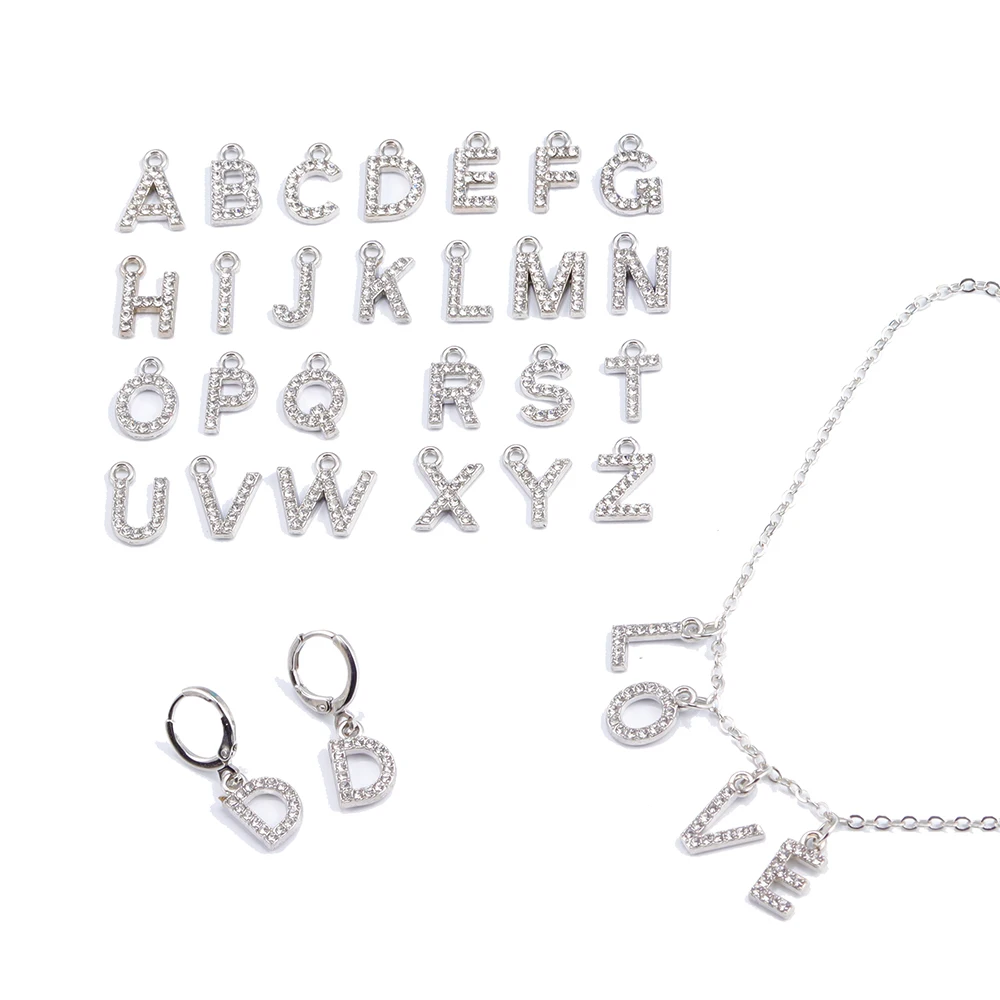 26Pcs/Set A-Z Initial Alphabet Charm Silver Color Alloy Rhinestone Pendant for Women DIY Making Letter Earrings Jewelry Accessor