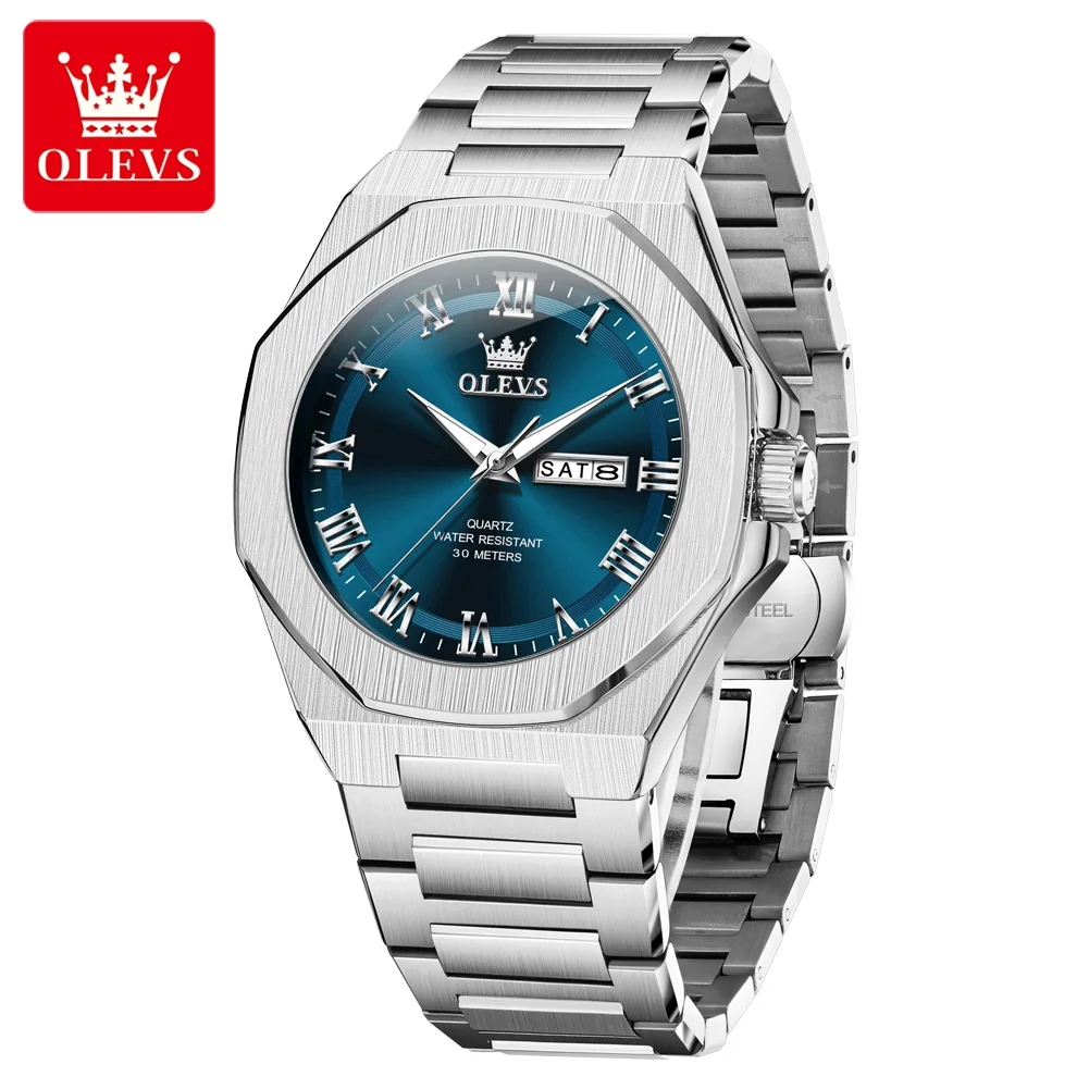 OELVS 3727 Luxury Quartz Watches for Men Steel Strap Waterproof Luminous Dual Calendar Classic Fashion Business Men's Wristwatch