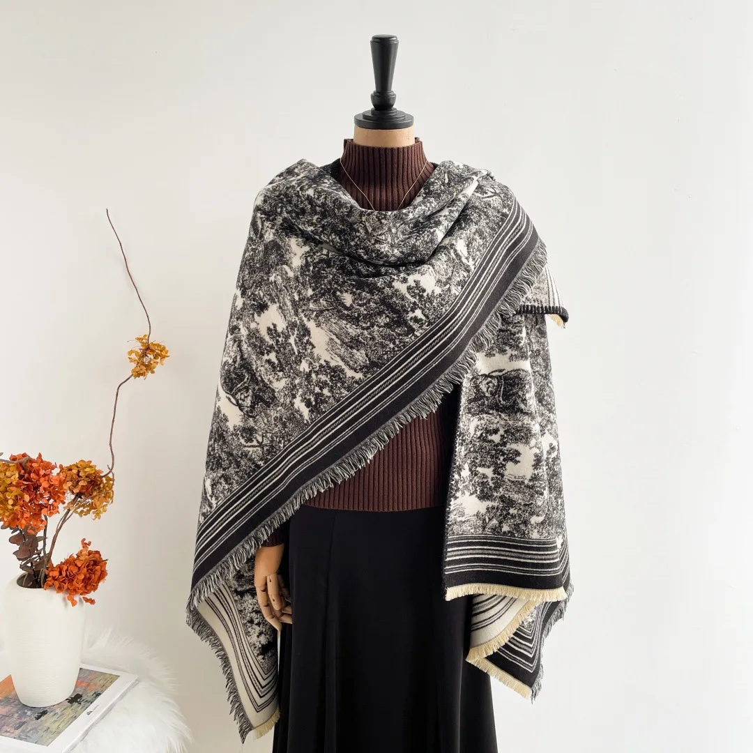 Spring Autumn 2026 New Chain Flower Split Scarf Style Fake Cashmere Warm Versatile Good Looking Shawl Cape for Universal Use