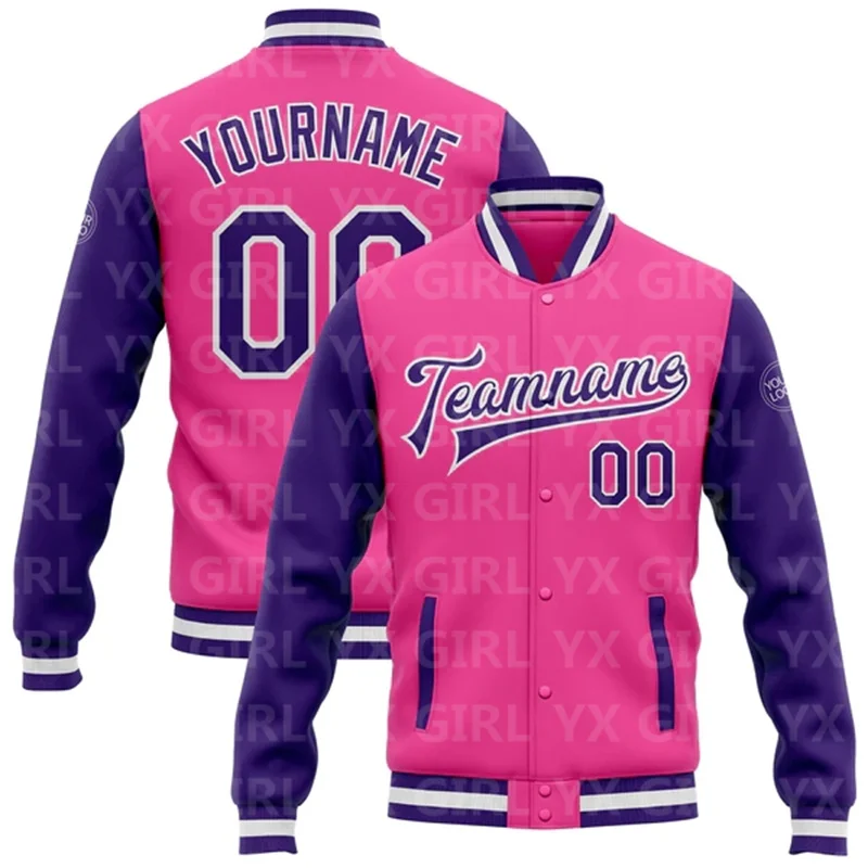 Custom Pink Purple-White Bomber Full-Snap Varsity Letterman Two Tone Jacket 3D Printed Baseball Button Jacket