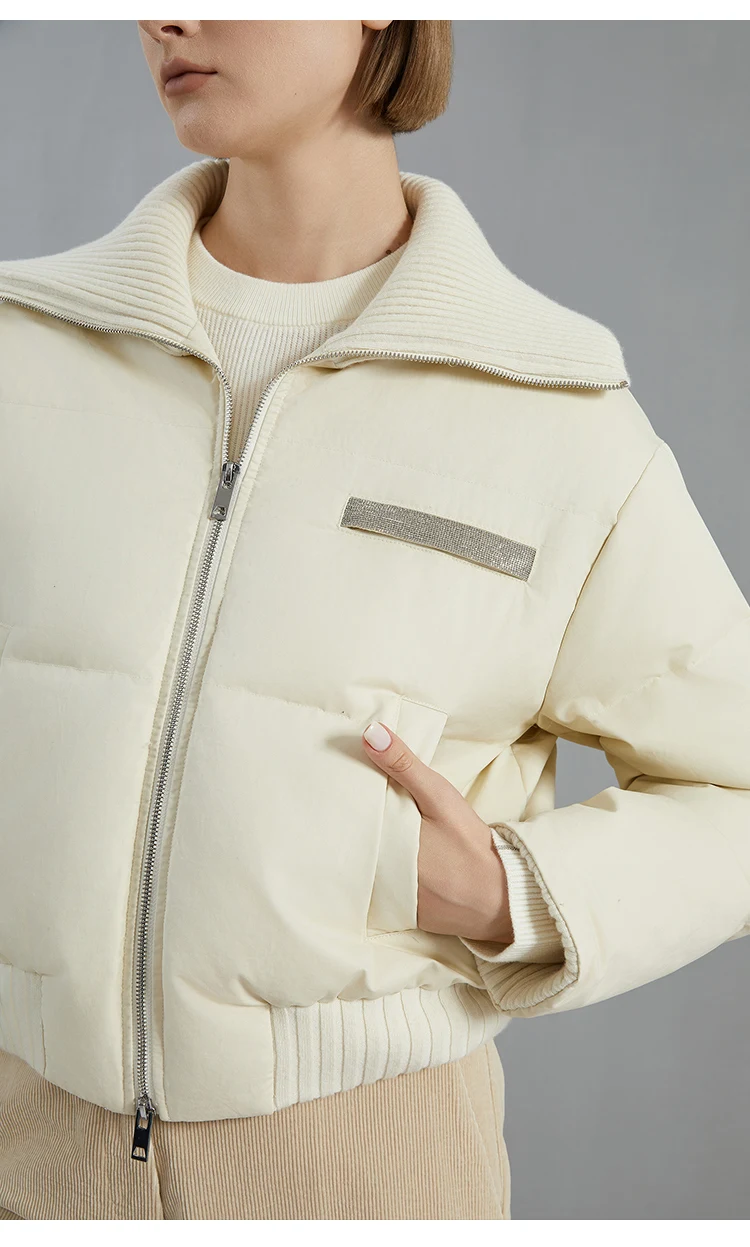 BC835 Weiße Gänsedaunenjacke mit großem Revers, warm, mit Reißverschluss, langärmelig, 100% Kaschmir, warmer Mantel – Detail 10