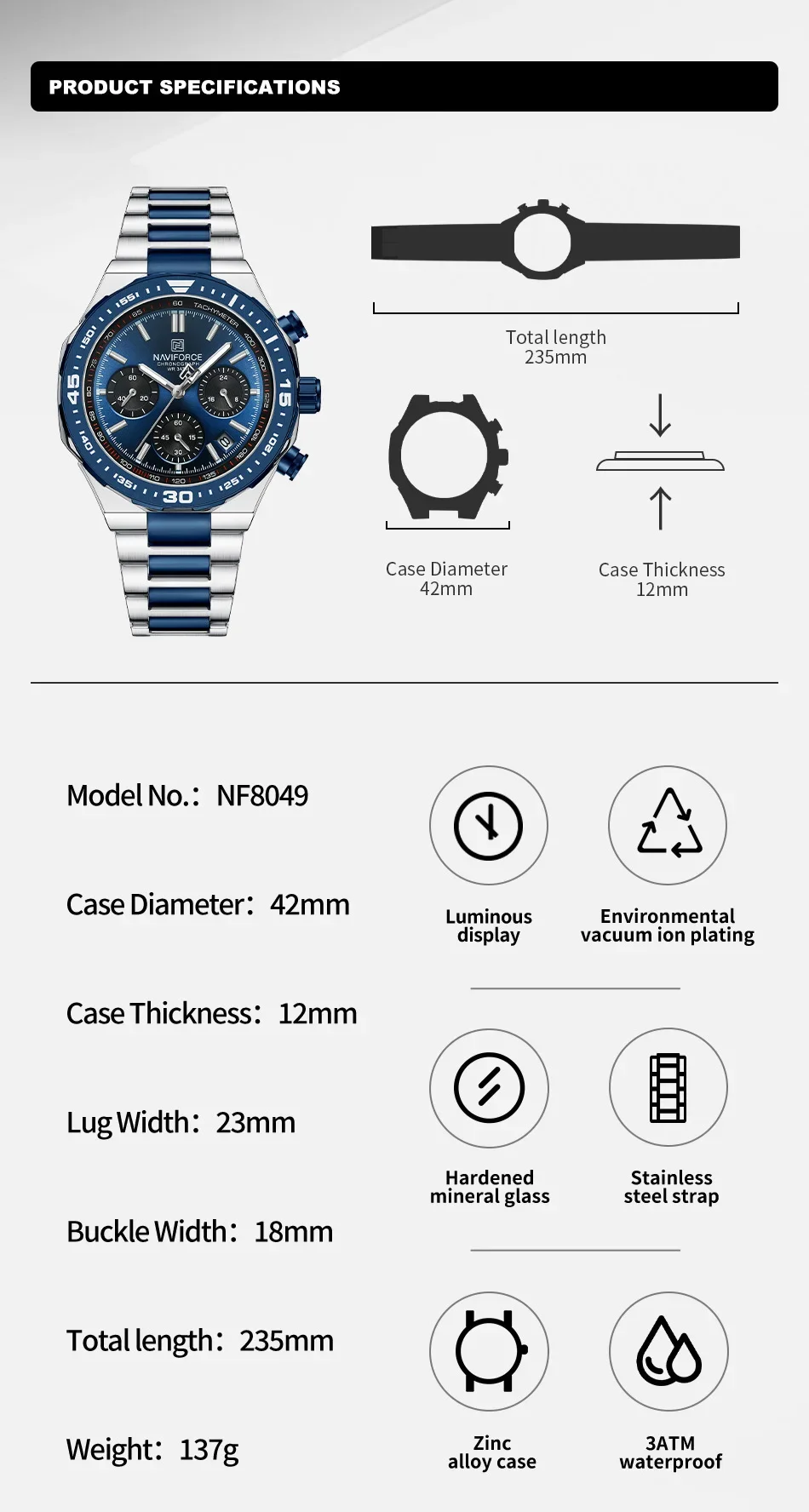 NAVIFORCE NF8049 Men Watch Waterproof Business Casual Date Luminous Quartz Chronograph Stainless Steel Strap Clock