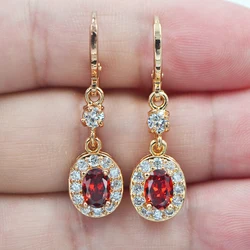 Fashion Jewelry Gold Color Red Zircon CZ Oval Dangle Wedding Earrings for Women