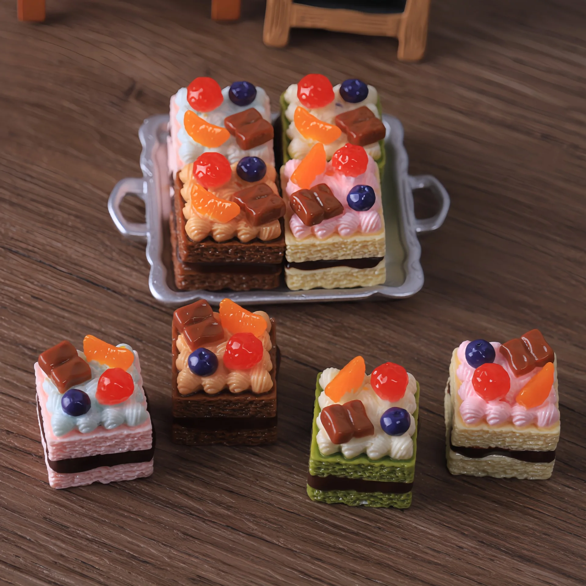 1set Mini Cake Mousse Fruit Birthday Cake Plate Spoon Model Resin DIY Miniature Food Doll Accessories