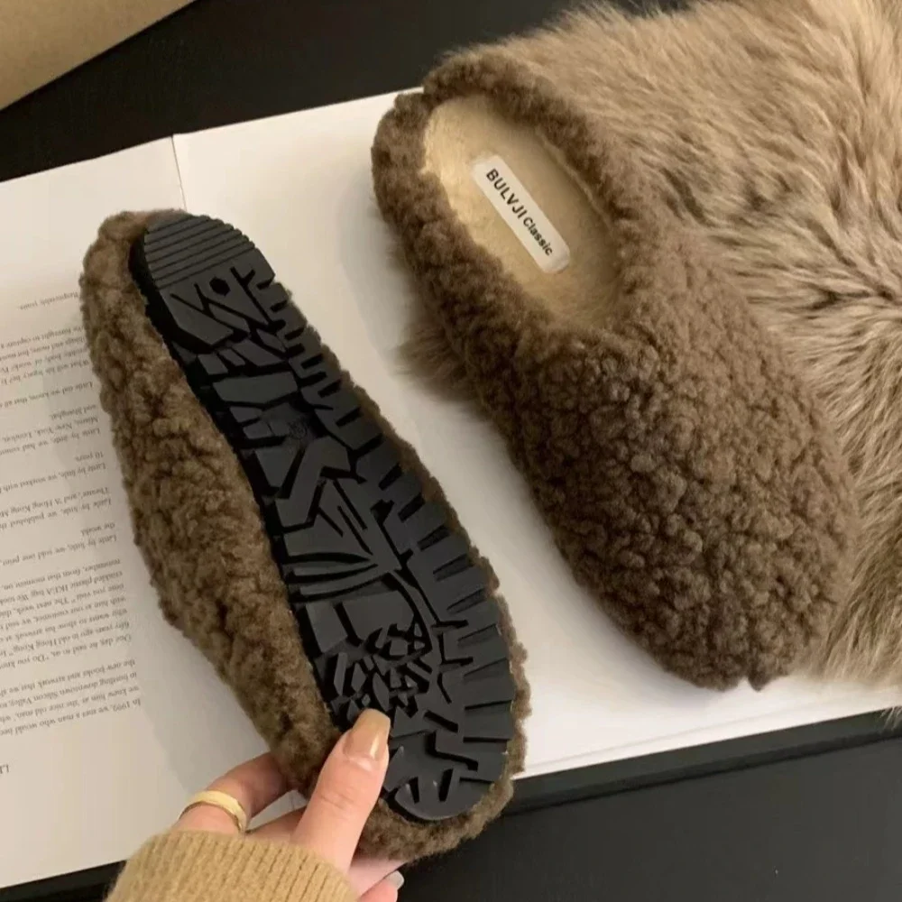 

Fleeces Solid Color Furry Slippers Women Baotou Fur Flip Flops Woman Sliders Flat with Slides Warm Slippers Indoor Shoe2025