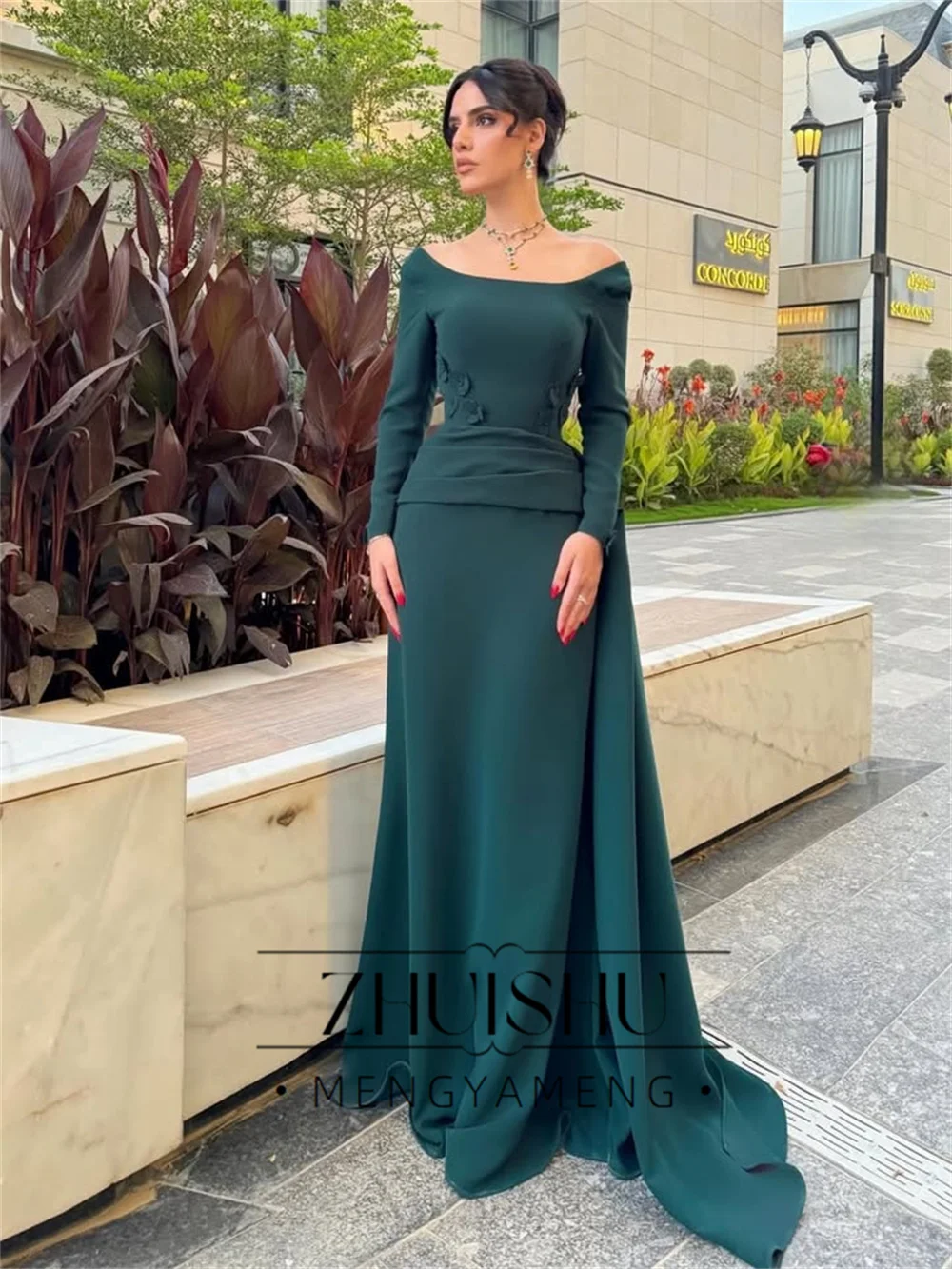 ZHUISHU Elegant Green Flowers Sheath Evening Dress 2026 Long Sleeves Off The Shoulder  Prom Dress Formal Party Gowns Customized view 3