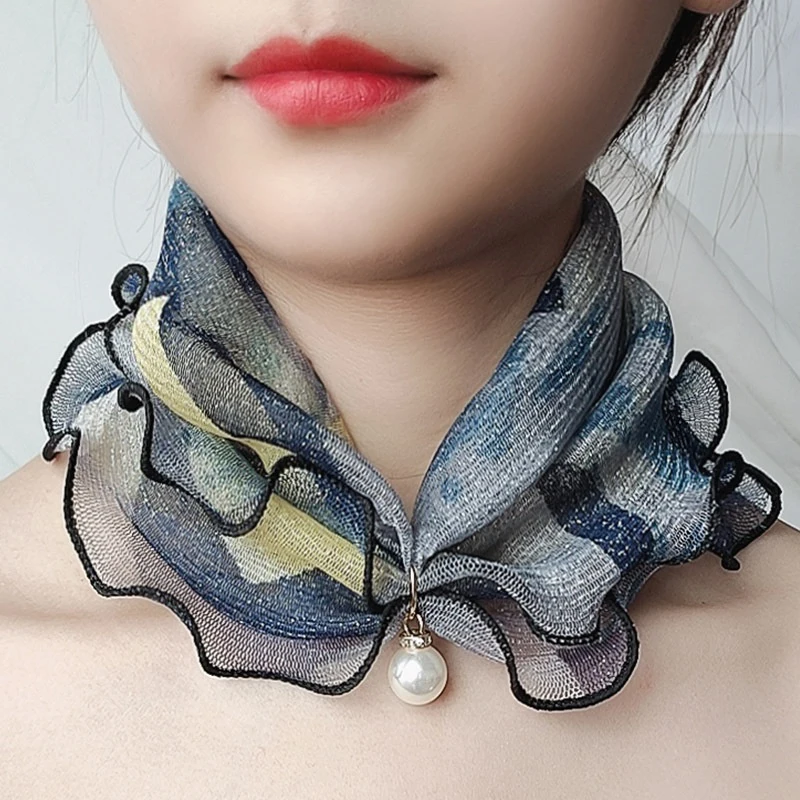 New Fake Pearl Pendant Scarf Necklace Women Printed Lace Neck Collar Chiffon Bib Laides Fashion Jewelry Accessory Gift Scarves