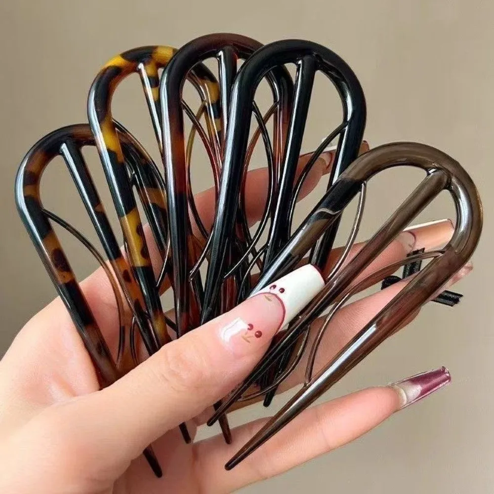 

New Acetate U-shaped Hair Stick Leopard Print Multi-pronged Hair Fork Geometric Hair Clip Updo Styling