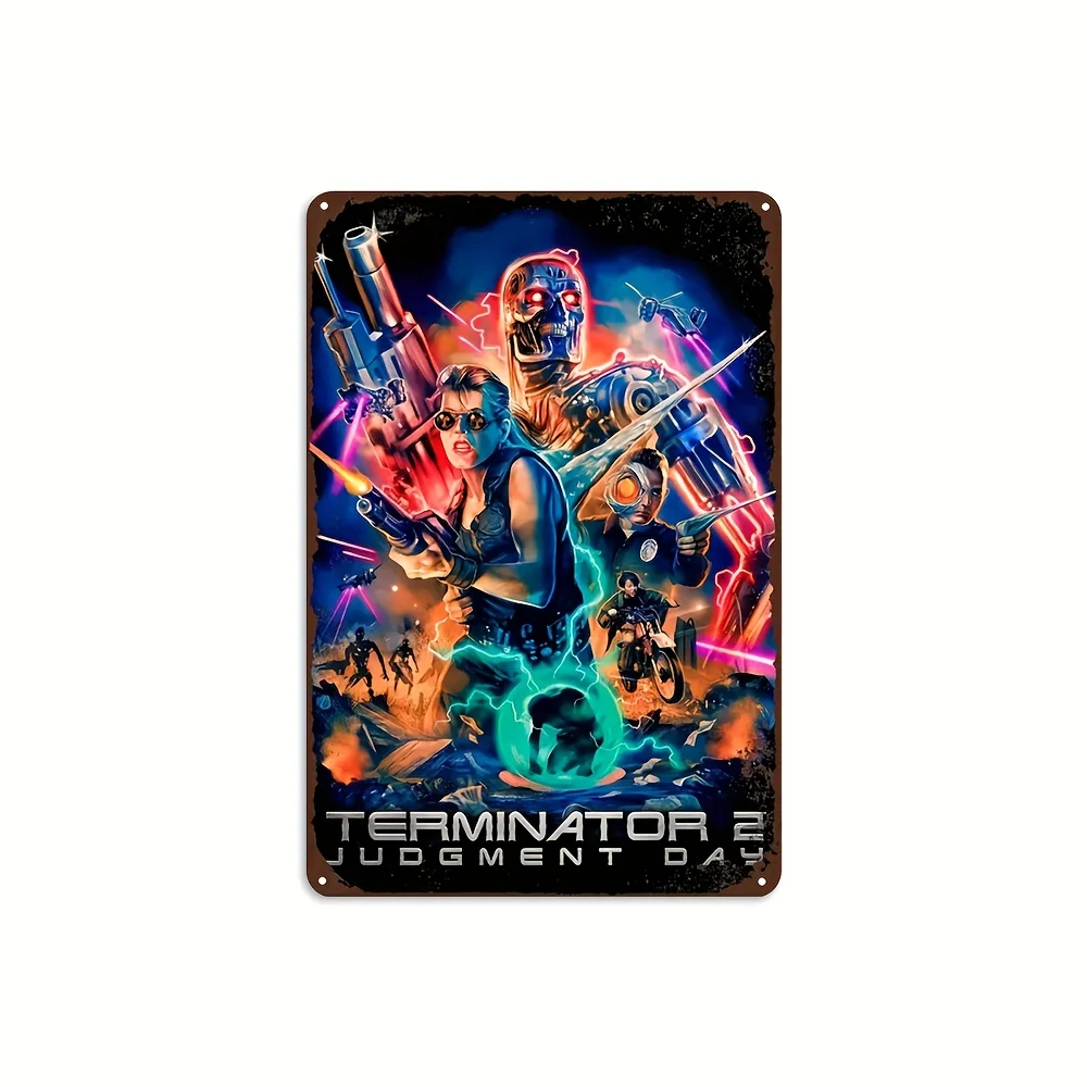 Panneau en métal vintage Terminator 2 Judgment Day - Décoration murale rétro style ferme avec scène de film pleine d'action - Structure en fer durable