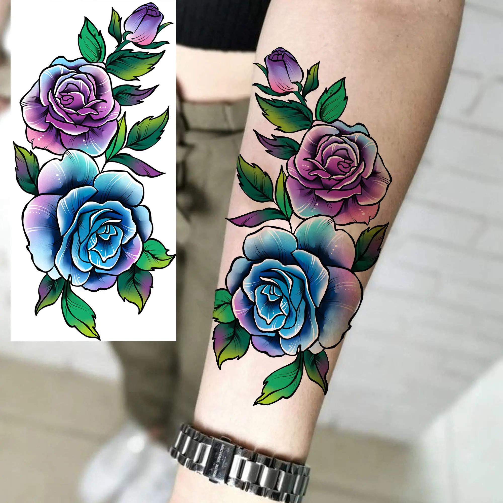 1 Sheet Watercolor Peony Rose Flowers Temporary Tattoos For Women Girls Body Art Tatoos Waterproof Realistic Fake Tattoo Sticker
