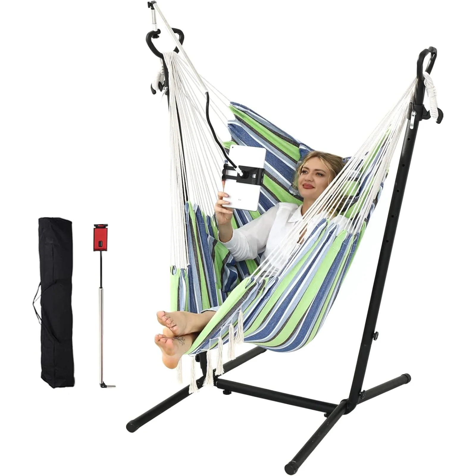 

US Hammock Chair with Stand Double Hammock Chair Bohemian Style with Tassel Mobile Phone Support Manual Adjustable Swing