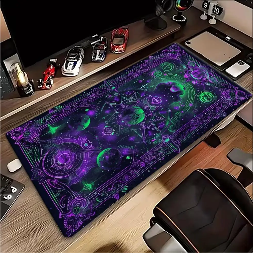 Large XXL Gaming MousePad Desk Mat Keyboard Pad Purple Green Zodiac Tarot Star Witchy Mystic Symbol Print Extended Stitched Edge