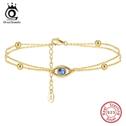 ORSA JEWELS 14K Gold Plated 2 Layers Evil Eyes Chain Bracelet for Women 925 Sterling Silver Girl OL Style Bracelet Jewelry APB04