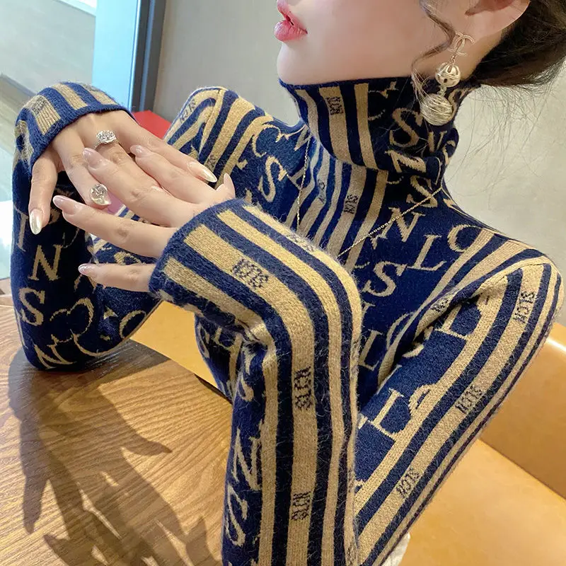 Women\'s Turtleneck Sweater Winter Fashion Commute Striped Letter Printed Long Sleeved Slim Thick Pullover Knitted Bottom Tops