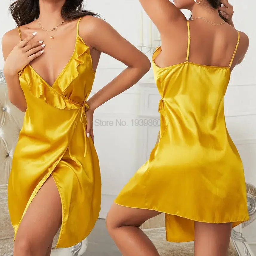 Ruffles Strap Nightgown Satin Women Kimono Dressing Gown Lingerie V-Neck Chemise Sleepwear Mini Silky Loungewear Nightdress