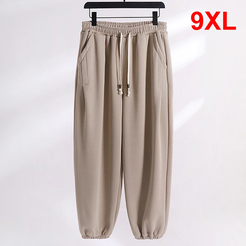 

Solid Color Sweatpants Men Jogger Pants Autumn Winter Fleece Pants Male Plus Size 8XL 9XL Elastic Waist Trousers Black