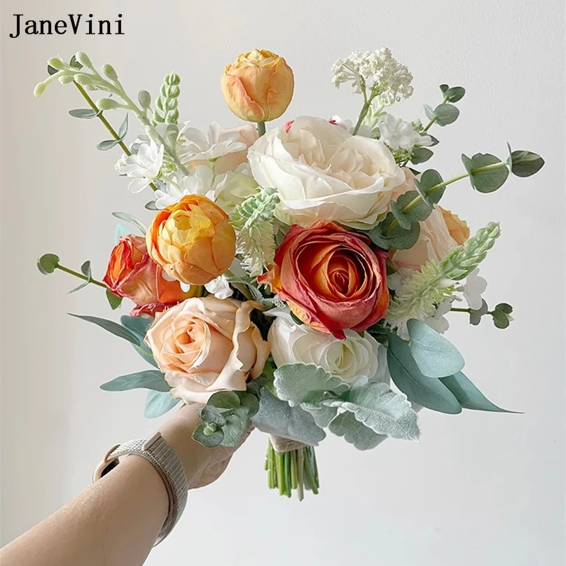 

JaneVini New Orange Ivory Bridal Bouquets Artificial Eucalyptus Silk Roses Bride Holding Flowers Wedding Bouquet Buque De Noiva