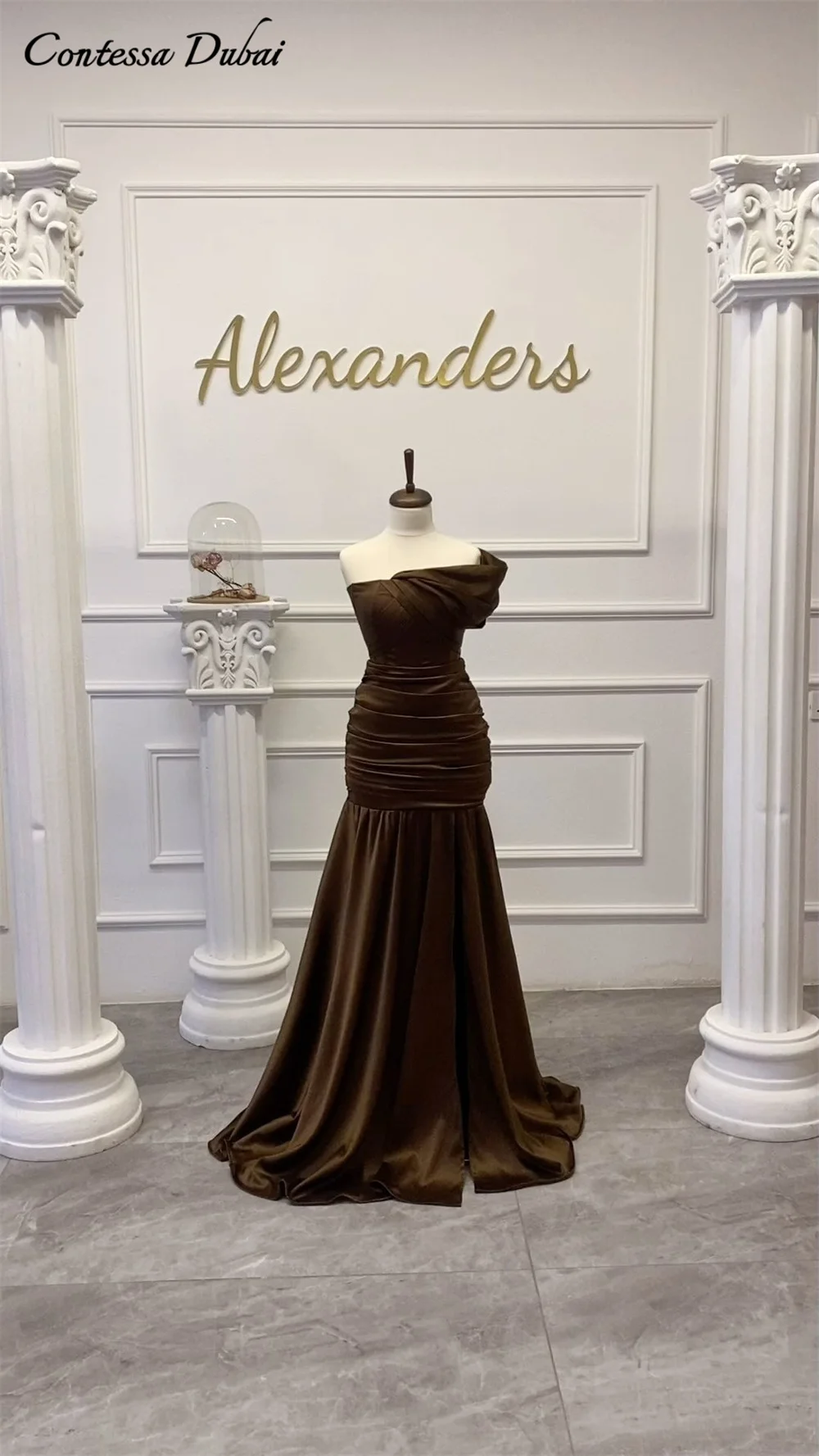 

Contessa Dubai Custom Elegant Brown A-Line Prom Dress Waist pleats Vestidos de noche Off Shoulder Formal evening events dress