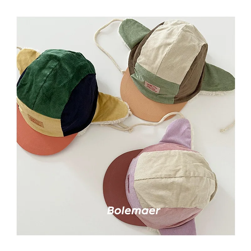 Gorra de béisbol con forro de piel para niños y niñas, gorro cálido de pana de retales, estilo coreano, para invierno, 50-52cm